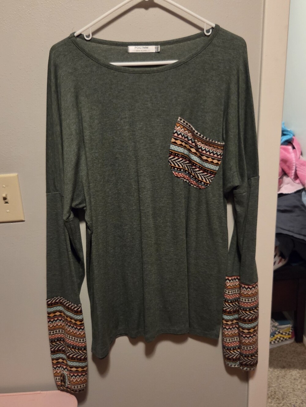 POGTMM Olive Green Long Sleeve Tee with Patterned Pocket & Thumb Holes